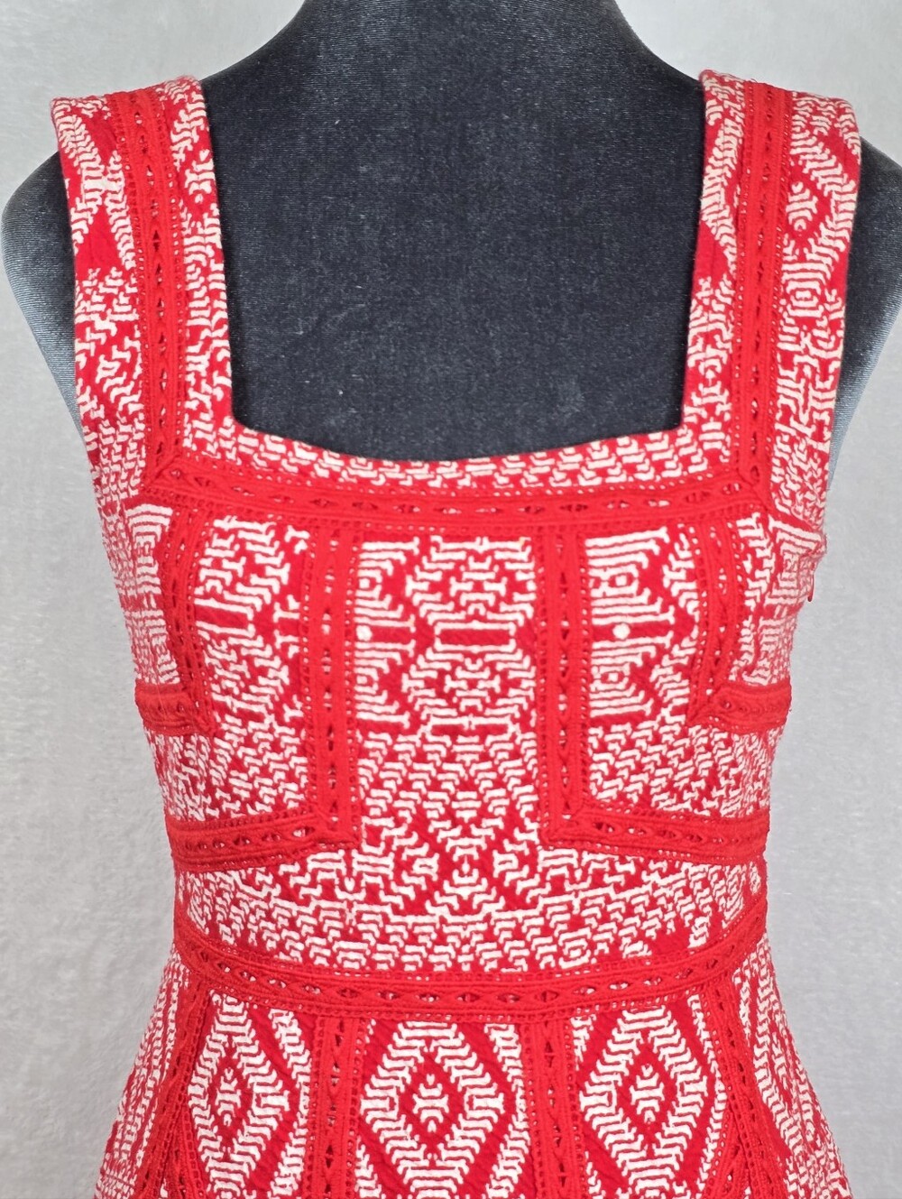 Maeve Emma Geometric Fit-Flare Embroidered Knit Dress Sz.0 Crochet Sleeveless - Picture 3 of 14